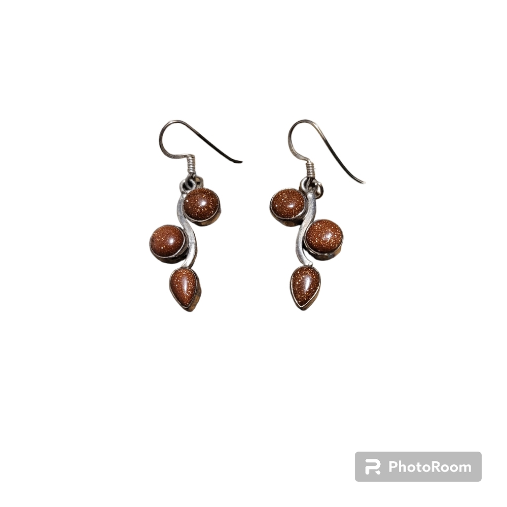 Vintage silver plated with goldstone dangle earrings - Picture 2 of 5